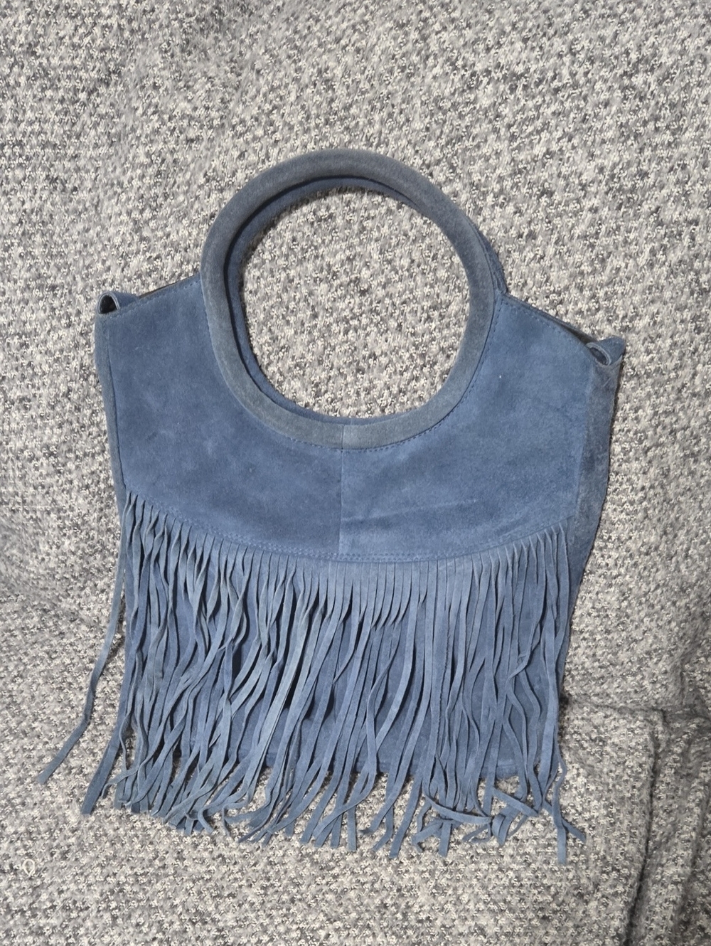Fringed Suede Circle-Handle Shoulder Bag in Denim Blue